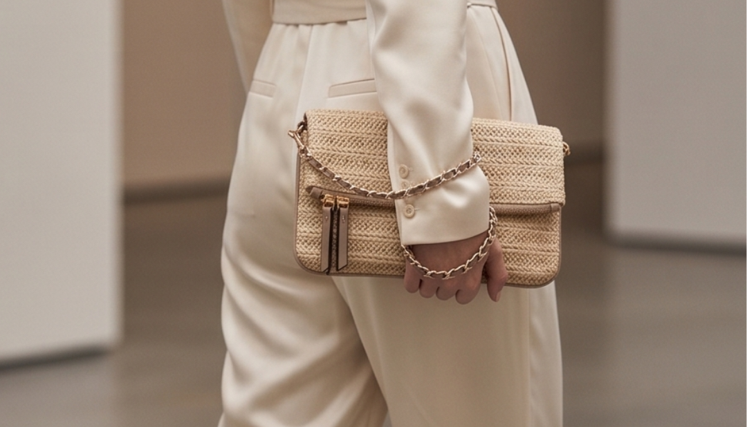 Sac pochette beige tressé pour femme avec chaîne dorée et double bandoulière, élégant et chic, doté de 3 poches pratiques et d’un design raffiné pour soirée, mariage ou usage quotidien.