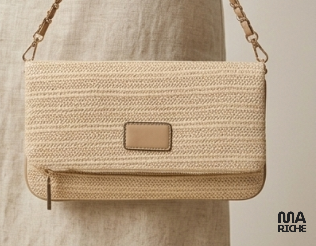Sac pochette beige tressé pour femme avec chaîne dorée et double bandoulière, élégant et chic, doté de 3 poches pratiques et d’un design raffiné pour soirée, mariage ou usage quotidien.